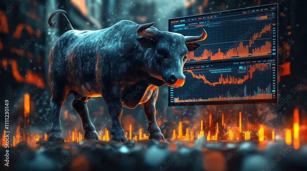 Poster Bull figure in front of financial data display. Stock market chart with rising trend. Tech concept. Investment. Financial growth. Double exposure image. Bull market. Modern art style.