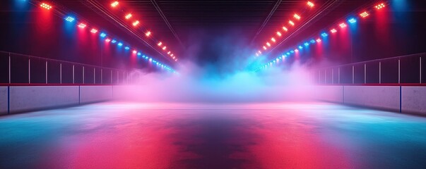 Pro ice rink arena glows under vibrant neon lights. Smoke fills space creating atmospheric ambiance. Winter sports poster hockey competition backdrop. Copy space available. Arena ready for match.