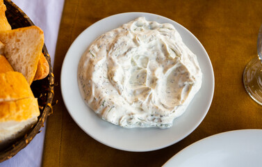 Turkish appetizer haydari with yogurt. Tzatziki or cacik