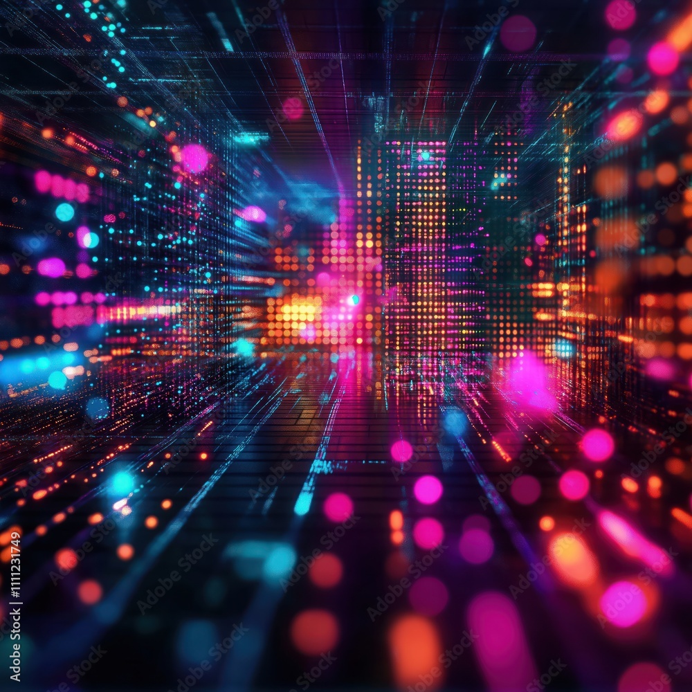 Poster Digital grid neon lights futuristic tech space. Vibrant colors create dynamic scene. Abstract design shows data flow. Visualizes information networks. Suitable for tech company marketing. Modern