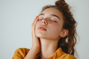 Fototapeta premium Young Latina Woman Relaxing with Neck Cracking Adjustment on Clean White Background