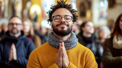 Fototapeta premium A person in a colorful sweater stands with eyes closed and hands in a prayerful gesture, surrounded by blurred figures in the background. Concept of meditation, reflection, focus.