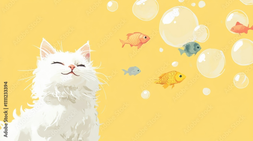 Poster a fluffy white cat sits contently, surrounded by playful bubbles containing colorful fish against a 