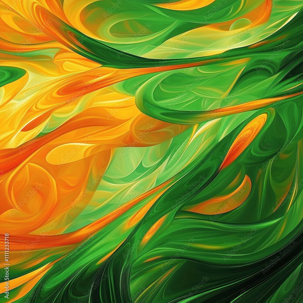 Fototapete abstract art with vibrant swirling patterns of green orange, yellow colors. fluid design. modern abs