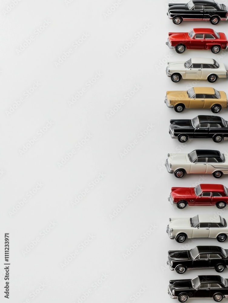 Poster A collection of various miniature car models neatly organized on a solid white surface, leaving room for text insertion or branding. Generative AI