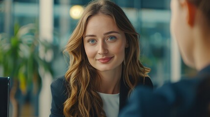 Smiling female manager in her 30s engaging with assistant in a modern office meeting setting