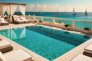Fototapeta premium Terrace in villa with sunbeds and swimming pool . AI Generated