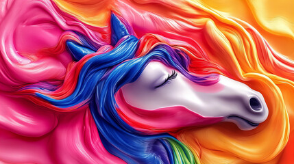 Obraz premium Colorful unicorn with vibrant mane set against a bright backdrop in a whimsical atmosphere full of joy