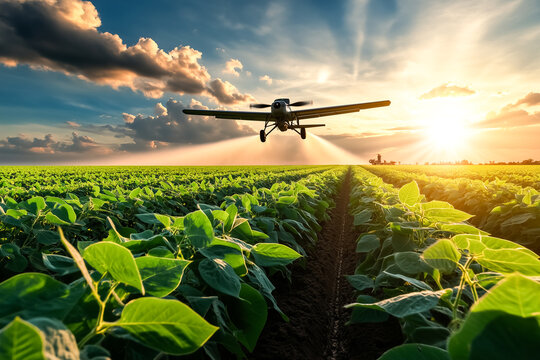 Avi&atilde;o agr&iacute;cola pulverizando lavoura de soja. Avi&atilde;o usado para aplica&ccedil;&atilde;o de pesticidas ou fertilizantes