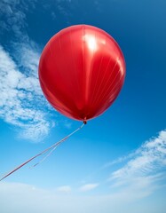 Obraz premium 青空に浮かぶ1つの赤い風船、白い雲が穏やかな背景として広がる爽やかなシーン 