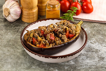 Baked eggplant stuffed meat and tomato