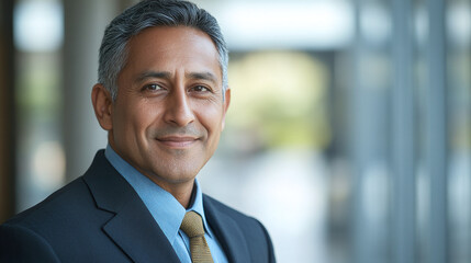 Fototapeta premium Handsome hispanic senior business man smile at camera. Middle age leader, ceo male businessman in suit on office background. 