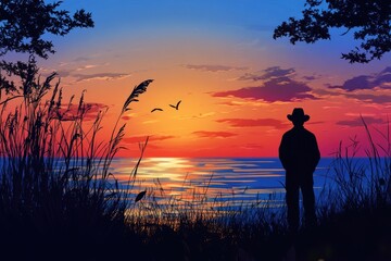 Traveler's Silhouette Against a Dazzling Sunset by the Sea, Standing Peacefully on the Coast