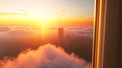 Sunset view from a high-rise building above the clouds showcasing vibrant colors and city skyline silhouettes