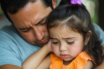 Sympathetic Latin father consoling crying young daughter, giving support on emotional problems to upset frustrated stressed adult child.