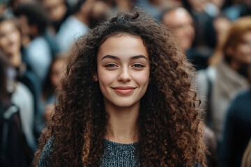 Smiling young woman with curly hair stands out confidently in a crowd, drawing attention amidst a sea of people.