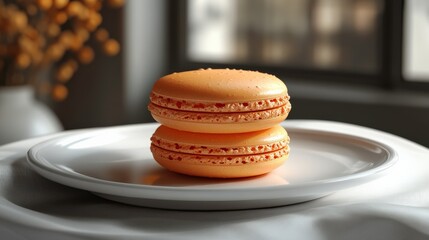 Two Delicate Orange Macarons on a White Plate with Natural Light in a Cozy Indoor Setting, Perfect for Sweet Treat or Dessert Inspiration