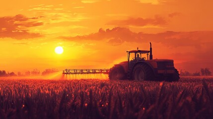 Fototapeta premium Golden Hour Farm Scene: A Tractor Sprays Pesticides Over Vibrant Crop Fields at Sunset