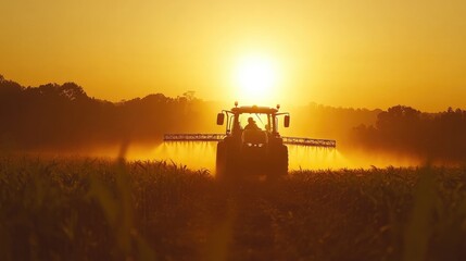 Naklejka premium Tractor in Action: Spraying Pesticides on Sunset-Kissed Plantation Fields