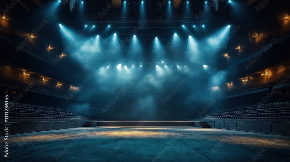 Poster empty arena stage lit with spotlights, smoke. dark ambiance. 3d render. empty seats in stands. poten