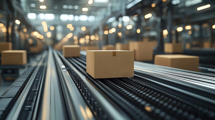 Modern factory conveyor belt carries cardboard box. Automated production line. High tech manufacturing environment. Efficient logistics process. Boxes move smoothly. Factory setting. Industrial