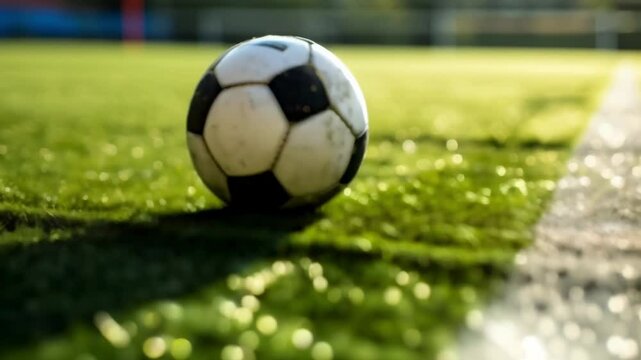 Classic leather soccer ball sits on a vibrant green playing field, positioned close to the white touchline, ready for the next play