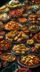 Obraz premium A table full of food with many different dishes. the food is colorful and appetizing. the table is set up for a buffet-style meal. indian food. 