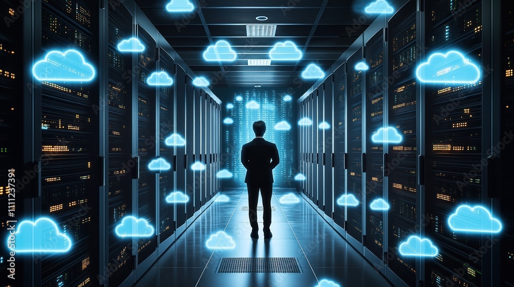 Aufkleber Business data management in cloud computing service operations center. Person stands in server room. Cloud symbols float above computer racks. Tech person oversees data. Modern tech center. Business