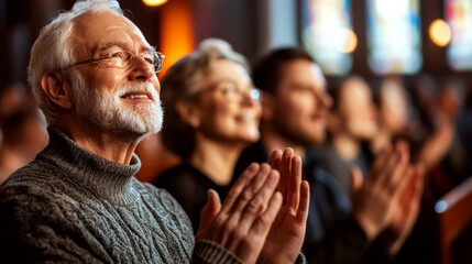 An elderly man with a gray beard and sweater applauds in a seated audience. Concept of appreciation and joy. For event promotion