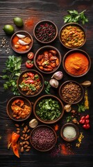 Assorted indian food on dark wooden background. indian food. Ultra realistic. Photorealistic hypermaximalist advertising photography hyper realistic fine detail