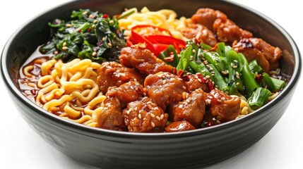 Fototapeta premium A bowl of delicious noodles topped with chicken, vegetables, and sauce.