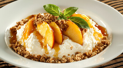 Cottage cheese with peaches, granola, and honey in bowl