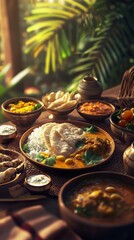 Fototapeta premium Authentic south indian full meals. indian food. Ultra realistic. Photorealistic hypermaximalist advertising photography hyper realistic fine detail