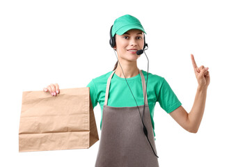 Fast-food worker with paper bag on white background