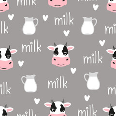 Seamless pattern with cute cow and milk. Vector illustration