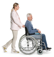 Woman with senior man in wheelchair on white background
