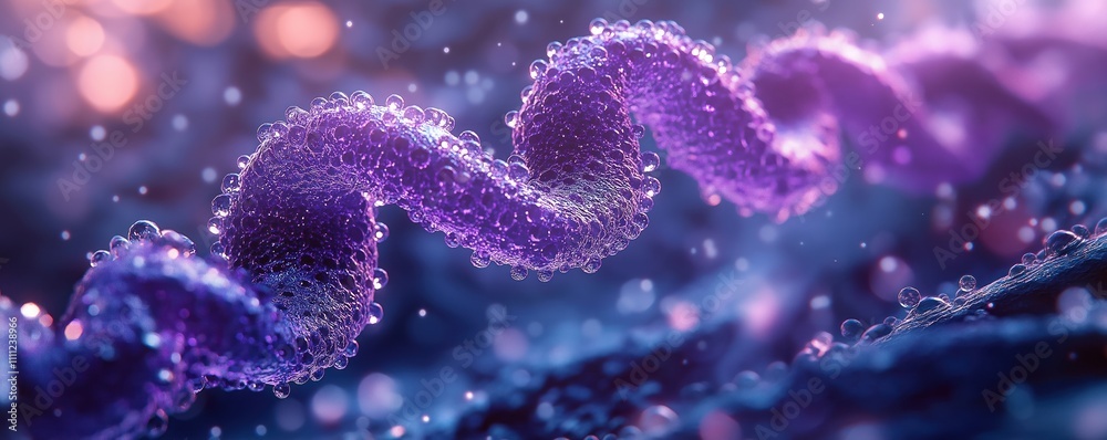 Poster Artistic representation of peptide chain forming complex structure. Purple, iridescent details showcase intricate molecular components. Scientific tech visualization. Suitable for biochem molecular