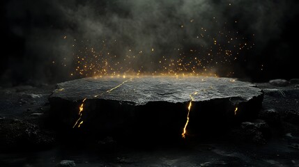 Mysterious glowing stone base surrounded by swirling mist and subtle sparks in an otherworldly setting at night