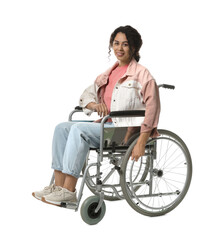 Smiling woman in wheelchair on white background