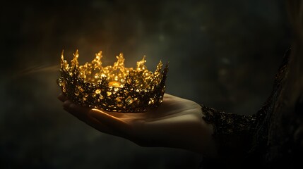 Golden crown held delicately in hand, symbolizing power and royalty in a dark, mystical setting at sunset