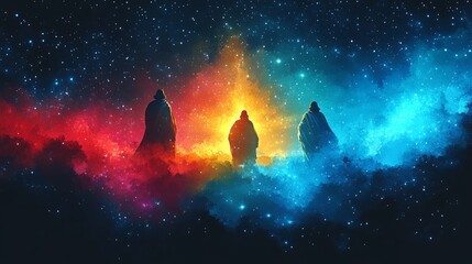 Obraz premium Cosmic journey: three figures in a vibrant nebula galaxy