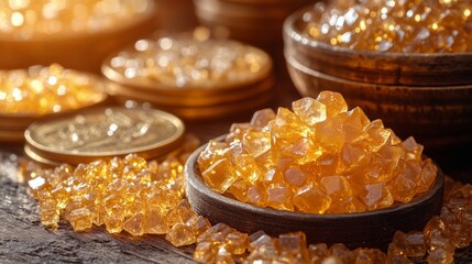 Golden rock sugar crystals in wooden bowls with coins in warm light