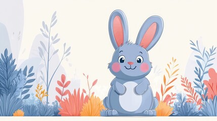 Obraz premium Cute cartoon bunny in floral garden.