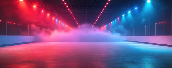 Empty ice rink arena glows under vibrant neon lights. Professional-level illumination highlights smooth ice surface. Fog smoke adds to dramatic atmosphere. Dynamic indoor scene could winter sports