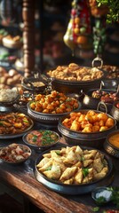 Fototapeta premium Oriental food - indian takeaway at a london's market. indian food. Ultra realistic. Photorealistic hypermaximalist advertising photography hyper realistic fine detail