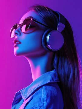 Hipster igen teen pretty fashion girl model wear stylish glasses headphones enjoy listen new cool music mix stand at purple studio background in trendy 80s 90s club blue party light, profile view