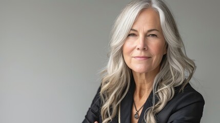 Fototapeta premium Confident middle aged businesswoman smiling with arms crossed against a grey background