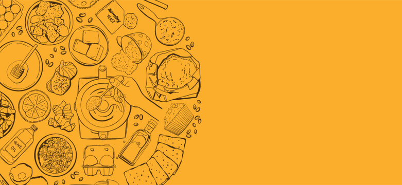 Cooking Classes Template with Food Ingredients and Tools Doodles on Orange Background