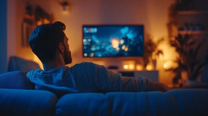 Fototapeta premium Man relaxing on sofa, watching TV at night.