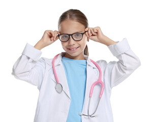 Girl with stethoscope pretending to be doctor on white background. Dreaming of future profession
